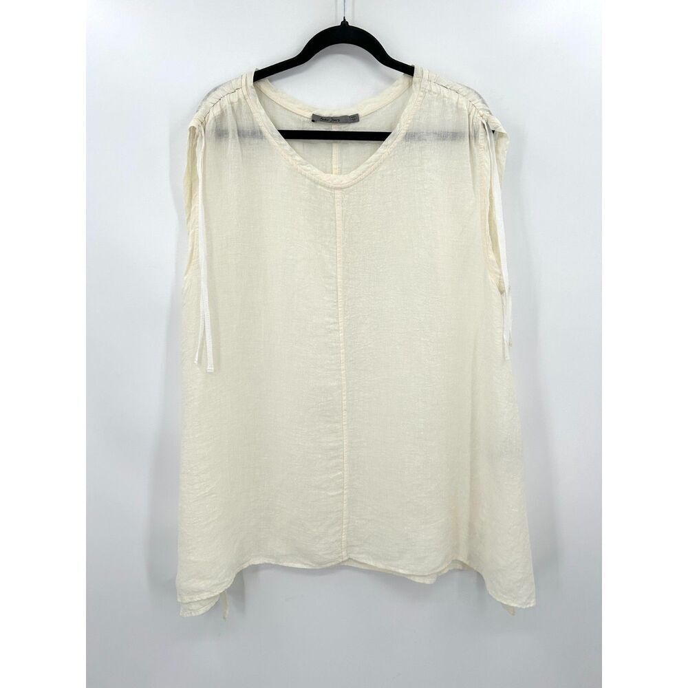 BEAU JOURS Ivory White 100% Linen Lagenlook Oversized Sleeveless Top Size Large